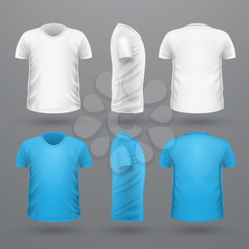 T-shirt template set, front, side, back view. White and blue colors. Realistic vector illustration in flat style. Sport clothing. Casual men wear. Cotton unisex polo outfit. Fashionable apparel.