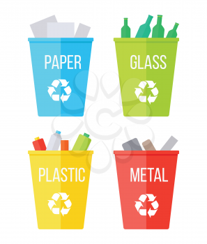 Set of recycle garbage bins. Blue with paper, yellow with plastic, red with metal, green with glass. Reuse or reduce symbol. Plastic recycle trash can. Waste recycling. Vector illustration.