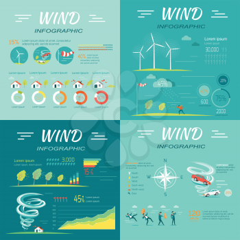 Set of wind infographic vectors. Flat style. People attacked wind, cars lifted vortex, compass rose,  topple trees, wind turbines illustrations, diagrams, data and text elements for climate concept