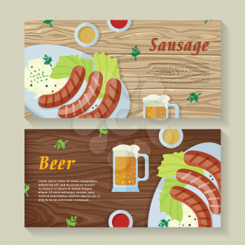 Sausage and beer web banners. Grilled Bavarian sausages on plate with garnish, sauce and pint of beer flat vector on wooden background. German national cuisine. Oktoberfest. For restaurant web page