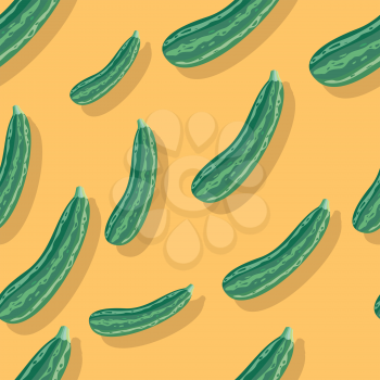 Striped zucchini vector seamless pattern. Flat style illustration. Group of green squashes on yellow background. Vegetable ornament. For packaging, wrapping paper, printings, grocery store ad 