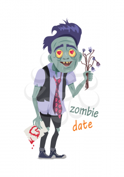 Zombie date. Character isolated. Being with flowers, greeting card. Creature fall in love, hearts in eyes. Horror fantasy, Valentines day concept. Halloween science fiction man in flat style. Vector