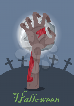 Zombie hand appears from grave with stone. Night at the cemetery. Horrible arm of undead creature. Happy Halloween concept in flat style. Science fiction cartoon illustration. Horror fantasy. Vector