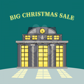 Big christmas sale glowing shop. Store with lighted windows waits for consumers. Retail shopping. Holiday discount season. Xmas new year purchase. Winter celebration. Special offer promotion. Vector