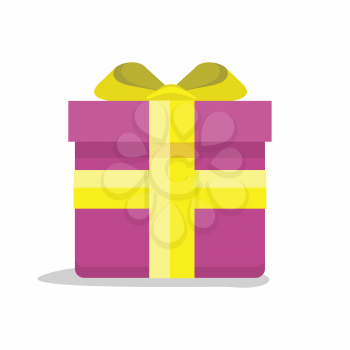 Gift box vector icon in flat style. Packaged with pink paper and yellow ribbon present illustration. Holiday surprise. For app button, infogpaphics elements, logo, web design. On white background 