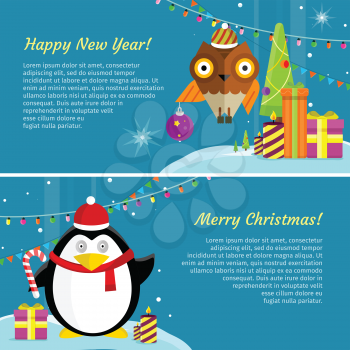 Set of winter holiday concept vector banners.  Flat style. Funny penguin in santa hat and owl on winter holidays backgrounds with candles, garlands, gift box, stars. For greeting card, web page design