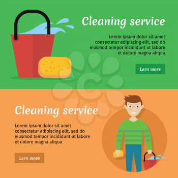 Set of cleaning service web banners. Flat style. House cleaning vector concepts with man, sponge and bucket. Illustration with play button for housekeeping online services, sites, video, animation
