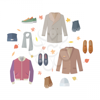 Big autumn sales vector concept. Flat design. Warm mens clothes, shoes and accessories for cold season on orange background with fallen leaves and sticker with text For store discounts ad design