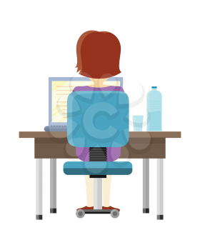 Brunette woman sitting at a desk and working on the computer, back view. Workplace, make money online, e-business, e-learning, concept. Woman working on laptop computer. Vector illustration in flat.