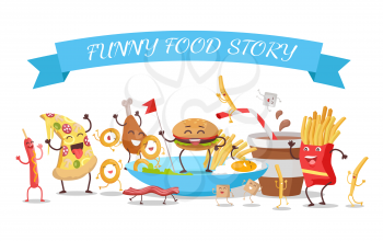 Funny food story conceptual banner. Sausage pizza donut bacon chicken hamburger fries sugar soda potatoes eggs. Happy meal for children. For childish menu poster. Vector design illustration