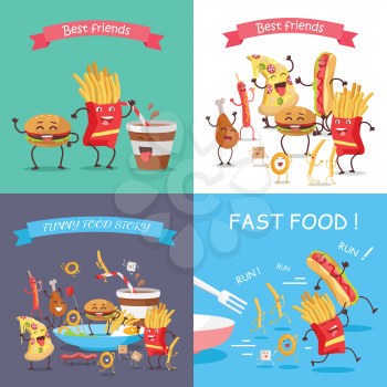Fast food cartoon characters banner set. Happy fast food cartoon characters runing, fun, rejoice and dance. French fries, hot dog, pizza, cola, hamburger, fried eggs, chicken leg and bacon characters