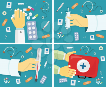 First medical aid banners set. Kit thermometer pills drugs stethoscope plaster safety pins syringe. Equipment, medicine and hospital, healthcare and pharmacy, emergency and care. Vector illustration