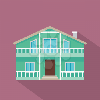 House vector icon with shadow in flat style. Classic house with porch, attic, balcony and chimney illustration.  Pictogram for real estate company services, applications icons, infographic.