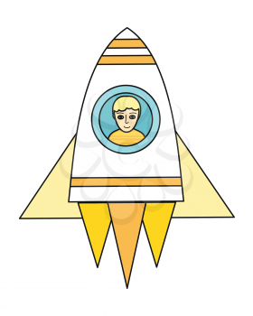 Spaceship with boy in round porthole in flat. Spacecraft icon. Rocket icon. Business design element. Design element, sign, symbol, icon in flat. Vector illustration.