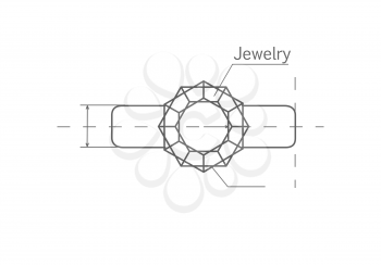 Drawing precious ring with diamond. Vector in flat style design. Designing perfect jewelery. Masterful jeweler work. Illustration for jewelry studio and store ad. Isolated on white background.