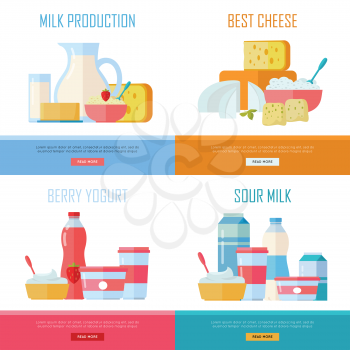 Milk production, best cheese, berry yogurt, sour milk conceptual banners set. Collection of traditional dairy products pictogram for farm, grocery store, cafe, diet and food delivery services