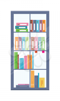 Office bookcase with folders on shelves. Colored folders with documents on shelves. Bookcase icon. Furniture element for office interior. Isolated object on white background. Vector illustration.