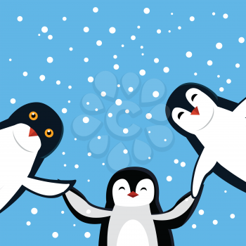 Funny penguins vector. Three smiling funny penguins holding hands on blue background with snowflakes flat illustration. Northern fauna. Winter holidays mood. For kid books, greeting card design