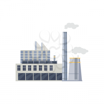 Industry manufactory building icon. Factory producing oil and gas, metals and rubber, energy and power. Nuclear manufacturing station making smoke and air pollution. Destroying nature. Vector