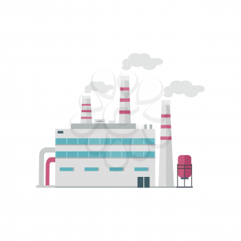 Factory building with pipes in flat. Industrial factory building concept. Industrial plant with pipes. Plant with smoking chimneys. Factory icon. Isolated object in flat design on white background.