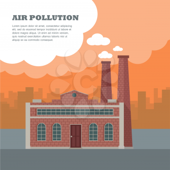 Air pollution concept. Factory building with pipes in flat. Air pollution by smoke coming out of two factory chimneys. Power plant smokestacks emitting smoke over urban cityscape. Vector illustration