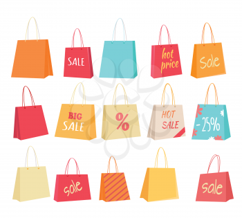 Set of paper bags with text sale, percentage, hot price, big sale, hot sale. Buy now concept design. Sale tags banner retail collection. Shopping icon label shop purchase, marketing commerce. Vector
