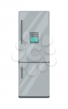 Refrigerator electronic device isolated on white. Household appliances freezer. Fridge home appliances in flat style. Icebox, magnet fridge door, sale fridge. Cooling device for products. Vector