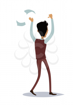 Business success illustration. Flat style design vector. Great deal, good day concept. Happy man with raised hands enjoying his success. Thumbs up. Isolated on white background.