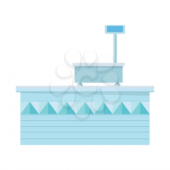 Supermarket store counter desk. Editable element of market interior design. Shopboard stall stand. Part of series of shop equipment. Flat style vector illustration isolated on white background.