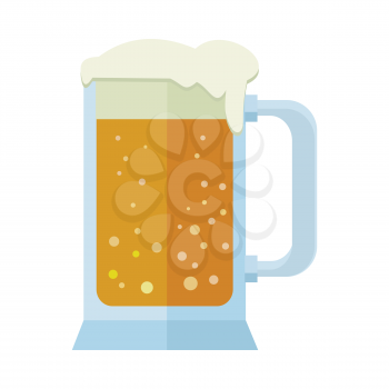 Glass of beer isolated on white. Mug of beer. Big frothy head overflowing the sides of tankard with white beer. Alcohol refreshment drink. October fest concept in flat style. Vector illustration