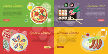 National dishes and drinks web banners. Pizza, beer, sausage, sushi, sea food horizontal concepts on abstract background. German, Japanese, Italian, Spanish cuisine famous meals. For restaurants page