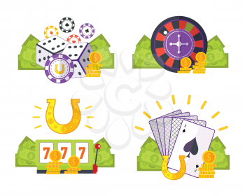 Set of gambling vector illustrations in flat style. Good luck, poker, casino concepts with assessors. Illustrations for gambling industry, sport lottery services, icons, web pages, logo design.  
