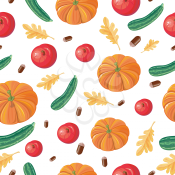 Autumn harvest conceptual vector seamless pattern. Flat design. Ripe pumpkins, zucchini, apples, acorns, oak leaves on white background. Vegetable ornament. For wrapping, printings, grocery ad
