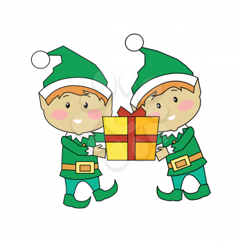 Christmas elves holding gift box. Two xmas cartoon characters carrying new year present. Santas helper elf isolated on white. Winter season holiday greeting card banner poster design. Vector
