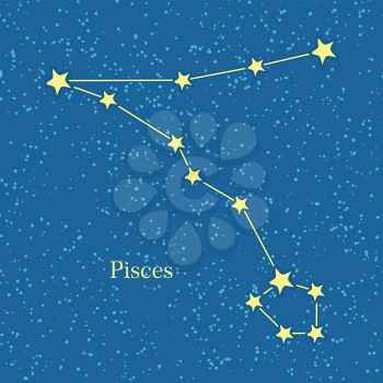 Pisces zodiac symbol on background of cosmic sky. Twelfth astrological sign in the Zodiac, originating from the Pisces constellation. Horoscope sign of zodiac. Astrology and mythology concept. Vector
