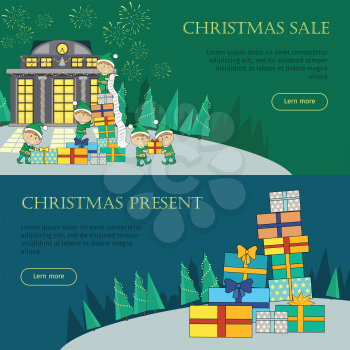 Set of Christmas web banners. Flat design. Merry Christmas, Christmas sale, Christmas present concepts with fairy elfs, shopping family, pile of gift boxes. For store seasonal sales and discounts page