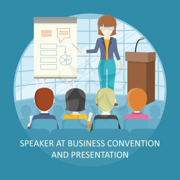 Business lecture concept vector. Flat design. Speaker at business convention and presentation. Certification training in office. Illustration for educational companies, career courses ad.  