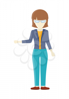 Cheerful young lady in front waving her hand. Business woman with brown hair and in blue pants and jacket. Isolated young personage. Flat design vector illustration