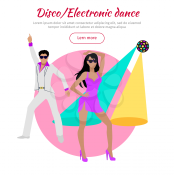 Disco and electronic dance conceptual banner in flat design. Dance music,club music. Party and dancer, couple and entertainment, event fashion, music nightlife and popular leisure illustration. Vector