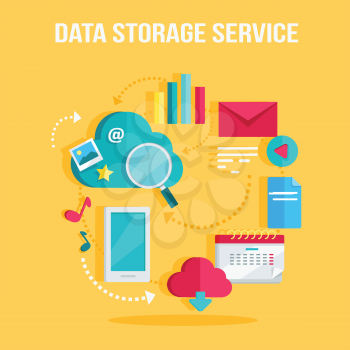 Data storage service banner. Networking communication and data icons on yellow background. Data protection, global storage and online cloud storage, security and privacy, backup, cloud computing.