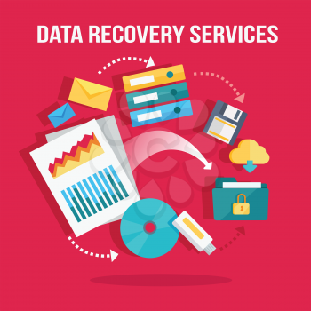 Data recovery services banner. Networking communication and data carriers icons on red background. Data protection, storage service and online cloud storage, security and privacy, safety and backup.