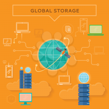 Global storage web banner in flat style. Cloud information saving. Servers, globe, satellite, computer networks icons. Illustration for video presentation or corporate ad animation clip