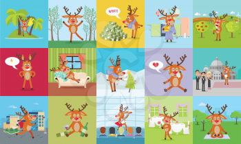 Deer daily activity vector set. Reindeer at holidays, in forest, conservatory, restaurant, school, home, sleeping, confused, disappointed. Cute mammal emotions and states of mood in flat style. Vector