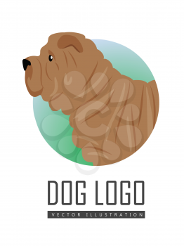 Brown shar pei dog, round logo on white background. Dog icon. Vector illustration in flat style. Side view shar pei design. Cartoon dog character, pet animal.