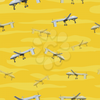 Flying drones seamless pattern vector. Flat design. Drones with propellers and mounted camera maneuvering in the sky. Modern technology. For wrapping paper, printing on fabric, web pages design