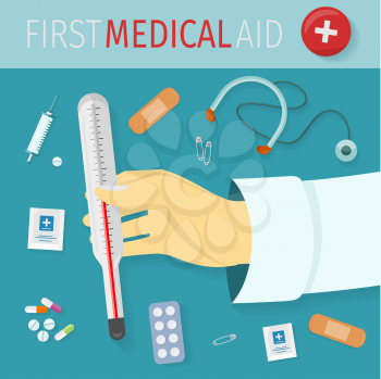 First medical aid vector concept in flat design. Thermometer in doctor hand. Collection of medical supplies.  Drugs, stethoscope, patch, pill, pins, syringe illustrations.