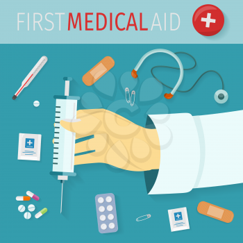 First medical aid set of icons. Health and medical equipment medicine and hospital care and pill, healthcare and pharmacy. Syringe, thermometer, pills, drugs, stethoscope, plaster, pins. Vector
