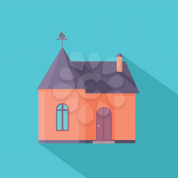 House vector in flat style. Home icon with long shadow. Cottage picture for real estate, building concepts, web, app pictogram, infographics,  logotype design. On blue background.  