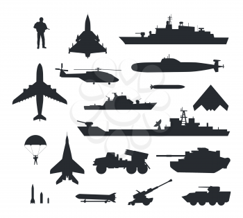 Military armament and troops silhouettes. Army aircraft, artillery, navy warships, submarine, helicopter, rockets, apc, soldier and paratrooper vector illustrations isolated on white background