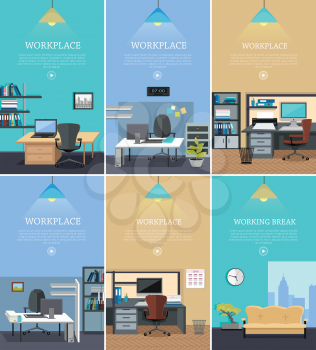 Set of workplace and working break horizontal web banners in flat style. Bright office interior design with modern furniture, plants, racks with documents and ceiling light. Comfortable place for work
